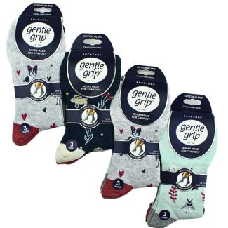 Ladies Animal Lover Design Gentle Grip Socks (3 Pack) - Assorted