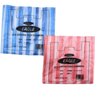 Blue & Red Striped Plastic Carrier Bags - 11x17x21"