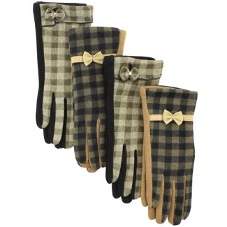 Ladies Gloves Gingham Check Design With Bow -  Assorted