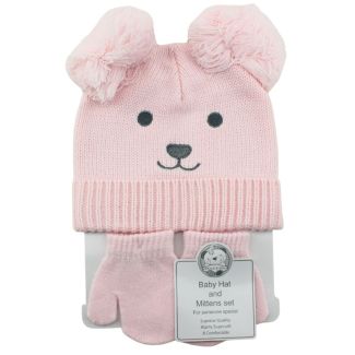 Double Pompom Hat & Mitten Baby Set - Pink