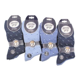 Ladies Gentle Grip Cotton Blend Non Binding Ankle Socks Suit Sock Blues Design (3 Pack) - Assorted