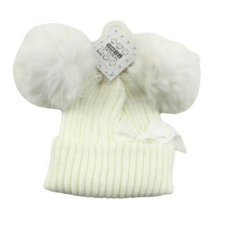 Baby Two Pom Pom Hat with Satin Bow - White