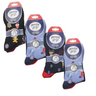Ladies Gentle Grip Cotton Blend Non Binding Ankle Socks Xmas Mixed Pattern Design - Assorted