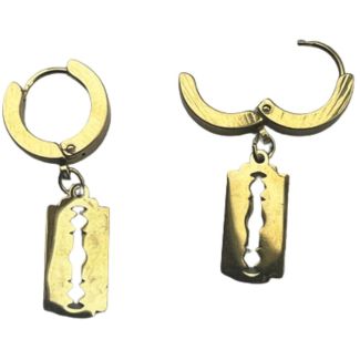 Gold Huggie Hoop Earrings with Razor Style Blade Charm - (14mm)