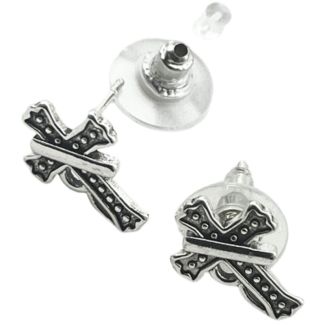 Cross Stud Earrings with Textured Bumps and Silver Line Detail