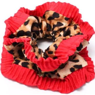 Animal Print Extra Large Ruffled Hair Scrunchie with Red Trim - 15cm
