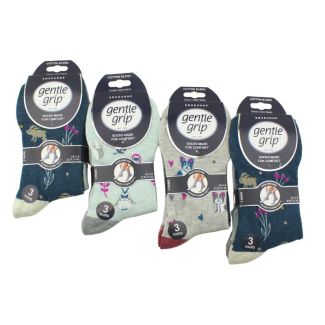 Ladies Gentle Grip Cotton Blend Non Binding Ankle Socks Animal Lover Design (3 Pack) - Assorted