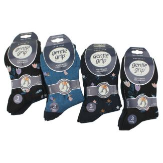 Ladies Gentle Grip Cotton Blend Non Binding Ankle Socks Graceful Garden Design (3 Pack) - Assorted