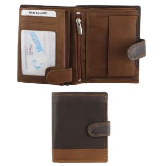 Men's Leather RFID Wallet With Closure Button - Brown/Tan