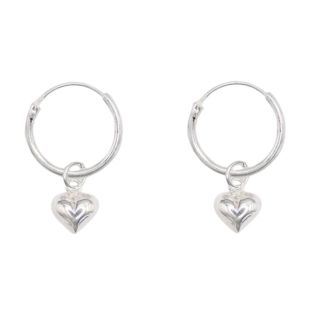 Sterling Silver Hoop Earrings with Puffed Heart Charm – 12mm