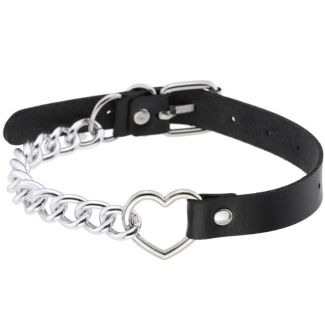 Vegan Leather Choker with Heart and Chain Link Design
