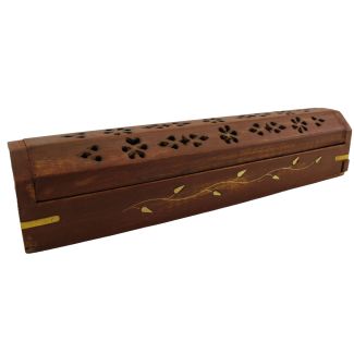Sheesham Wood Incense Stick Box Brass Inlay Vine & Flower Design