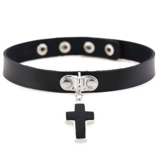 Vegan Leather Choker With Crucifix Pendant