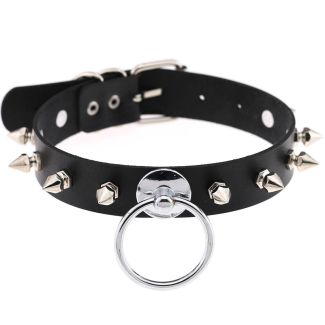 Vegan Leather Choker 1 Row Spiked & Ring Design