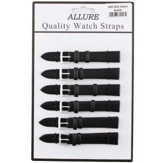 Wholesale Allure Black Leather Watch Straps - Silver Buckle - 16mm