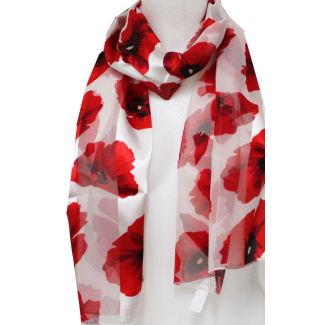 Ladies Satin Scarf Poppy Flower Design - Cream 