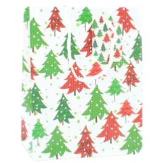 White Glossy Christmas Gift Bag with Red and Green Trees - 32x26x12cm