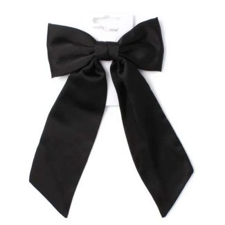 Black Satin Bow With Long Tails On Barrette Clip 10cm