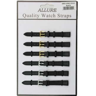 Allure Long Black Leather Watch Straps - Asst. Buckles - 12mm