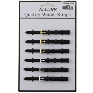 wholesale  Allure Black Leather Watch Straps Extra Long - Asst. Buckles - 10mm