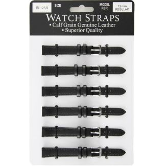 Calf Grain Black Leather Regular Watch Straps - Silver Buckles - 12mm