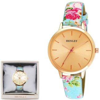 Wholesale Henley Ladies Spring Floral Print Leather Strap Watch - Blue 