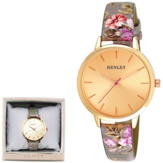 Wholesale Henley Ladies Spring Floral Print Leather Strap Watch - Grey