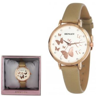 Wholesale Ladies Henley Butterfly Design Leather Strap Watch - Caramel 