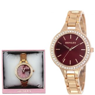 Wholesale Ladies Henley Diamante Bracelet Watch - Rose Gold/Deep Red