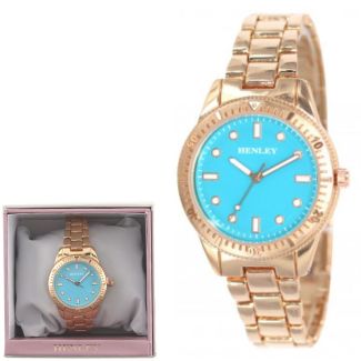 Wholesale Ladies Henley Round Metal Bracelet Watch - Candy Blue/Rose Gold 