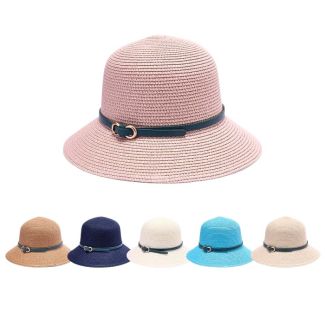 Wholesale Ladies Straw Leather Strap Sun Hat - Assorted