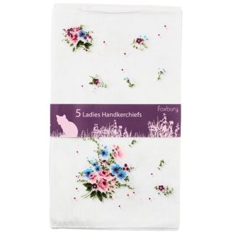 Wholesale Ladies White Flower Printed Handkerchiefs - 5 Pack 