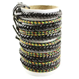 Wholesale Leather Bracelet - Black Rasta Design (12 Pieces)