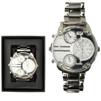 Wholesale Men's NY London Large Round Metal Bracelet Watch - Silver