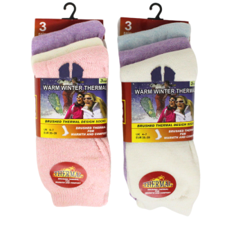 Wholesale Ladies Brushed Thermal Ankle Socks (3 Pack) - Pastel Colours 
