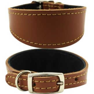 Genuine Leather 2" Wide Whippet Stitched Leather Dog Collar - Tan (12-14'' Fitting)