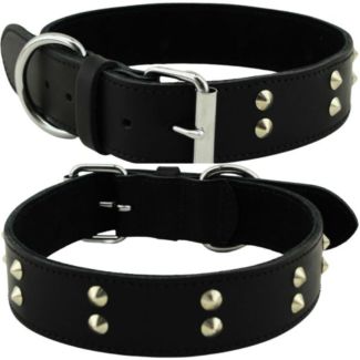 Wholesale Genuine Leather 1.5" Wide Studded Leather Stitched Dog Collar - Black (20-23" Fitting)