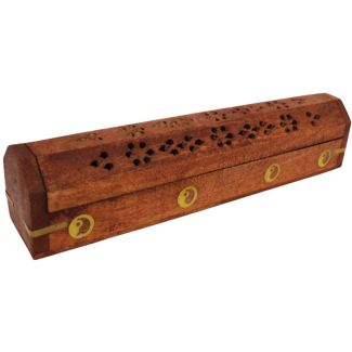 Wooden Incense Holder Storage Box - Ying Yang Brass Inlay 12''