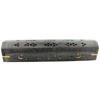 Wooden Incense Ash Catcher With Black Storage - Moon/Star Brass Inlay 12''
