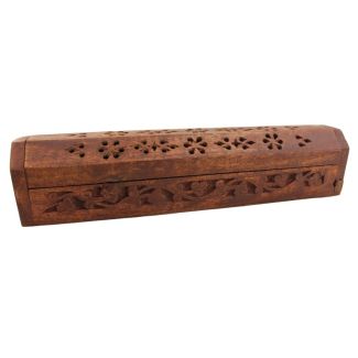 Wooden Incense Ash Catcher With Storage - Flower Brass Inlay 12''