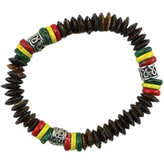 Wooden Rasta Bead Bracelet – Brown with Red Yellow Green Rings
