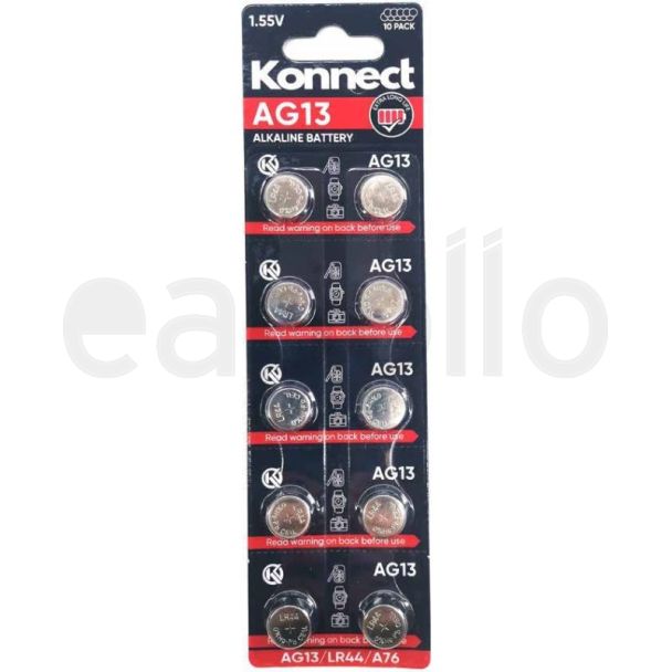 10pcs Konnect Alkaline 1.55 V Button Cell Batteries - LR44 / A76 / AG13