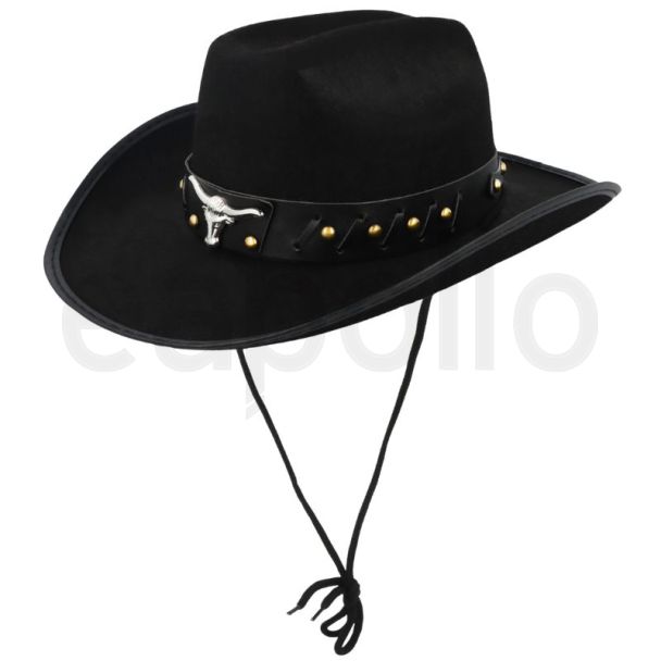 Adult Cowboy Hat With Bull Horn And Cord - Black