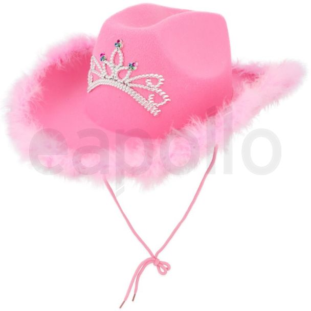 Adult Pink Cowboy Hat with Silver Tiara and Fur Trim