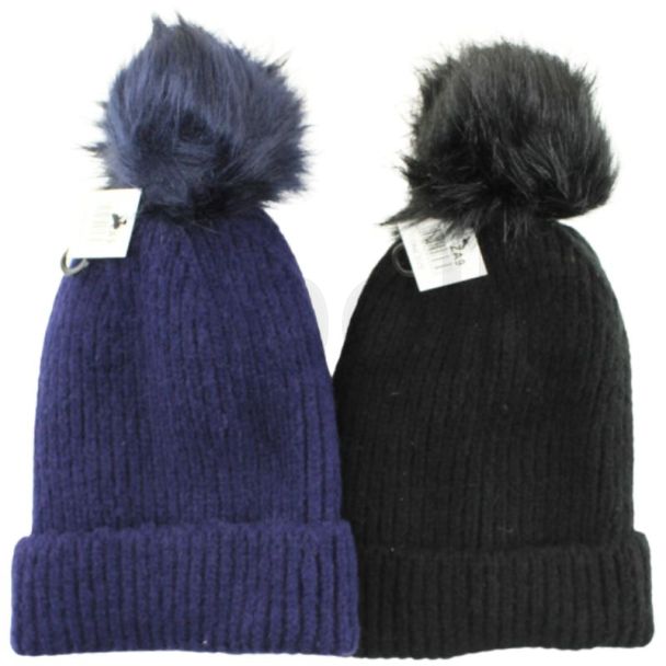 Adults Plain Knitted Hat With Faux Fur Pom Pom - Assorted Colours 