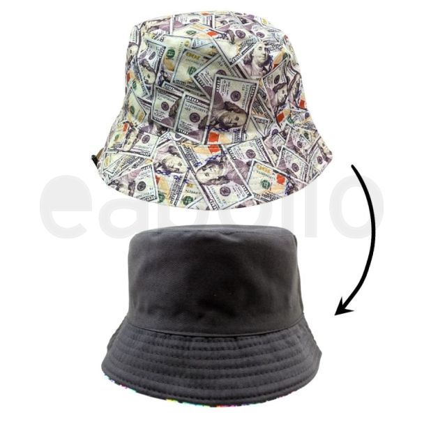 Adults Reversible "Dollar Notes" Design Bucket Hat - Beige
