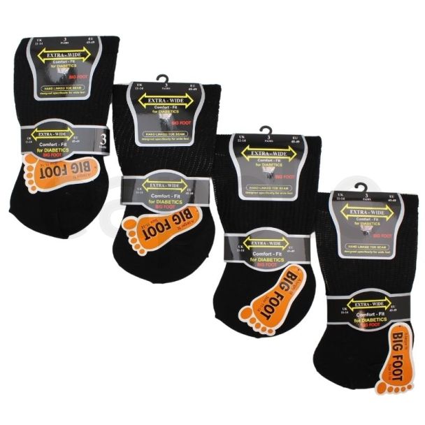 Men's Extra Wide Big Foot Socks (3 Pair Pack) - Black (11-14)