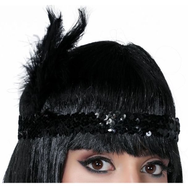 Charleston Black Sequin Headband / Tiara with Feather