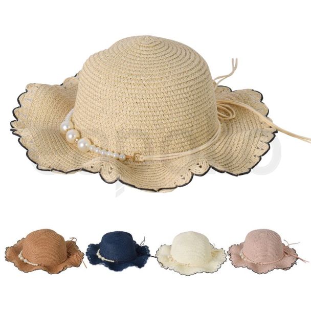Children's Straw Sun Hat with Pearl Chain Trim - Assorted
