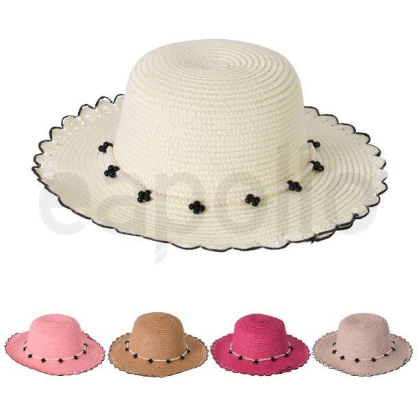 Children's Scalloped Edge Straw Cowboy Hat with Beaded Trim - Assorted